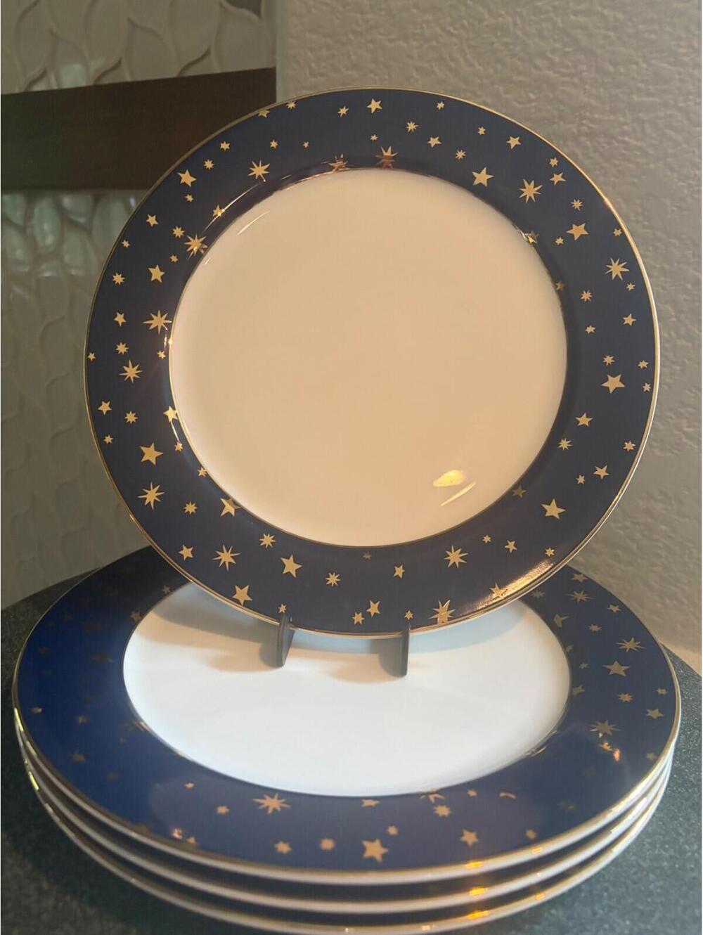 Sakura Fine Porcelain Gold Stars/Trim Blue GALAXY 10 5/8" Dinner Plate -Set of 4